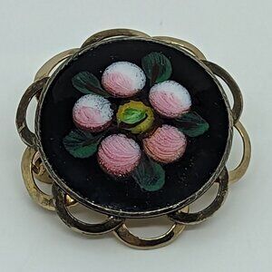 Vtg Gold Tone Floral Enamel Brooch Pin Hand-Painted Pink Flowers Green Leaves 1"